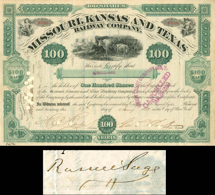 Missouri, Kansas and Texas Railway Co. signed by Russell Sage - 1880 dated Autograph Railroad Stock Certificate - "The Katy"